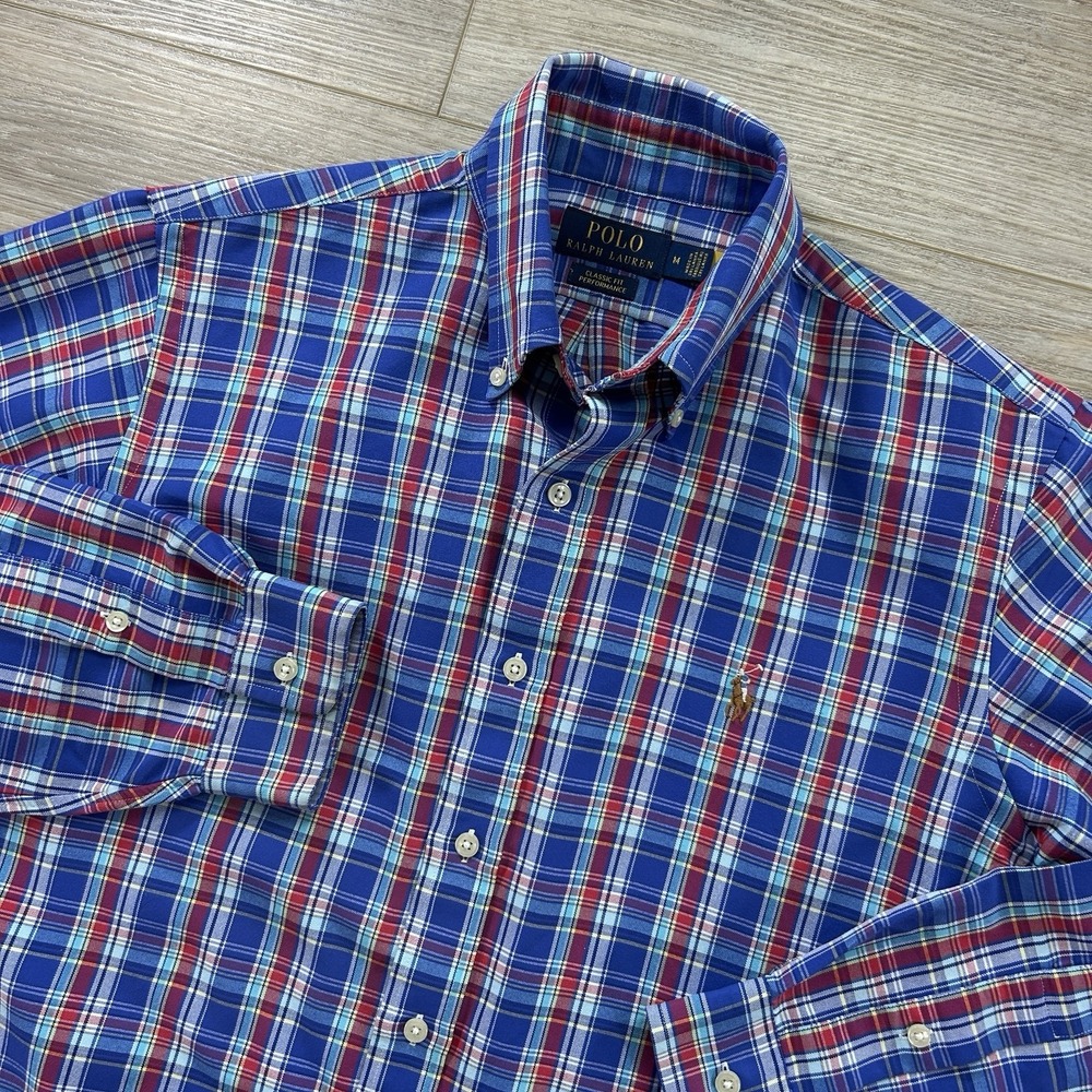 Polo Ralph Lauren Shirt Medium Blue Plaid Classic Fit Performance Button Down